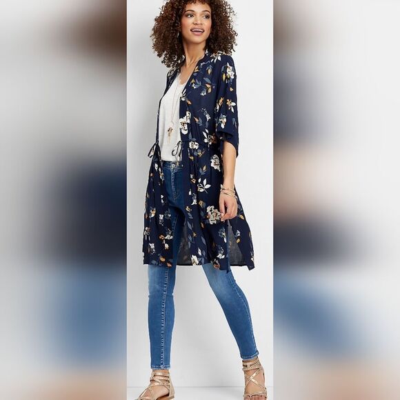 Maurices Blue Floral Drawstring Kimono (0/1) - Picture 1 of 6